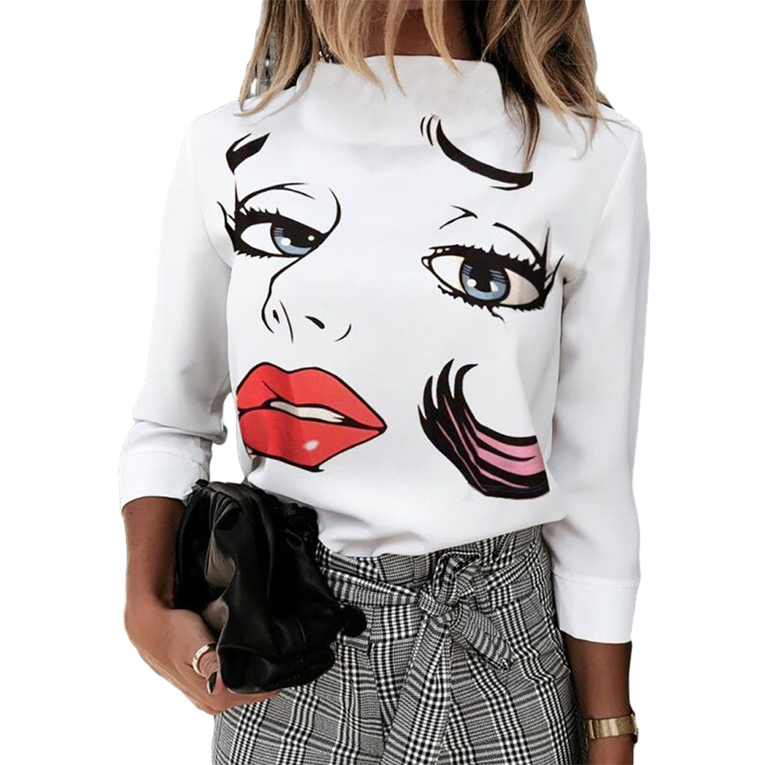 New Women Casual Blouse, Spring and Fall Long Sleeve Mock Neck Figure Print Pullover