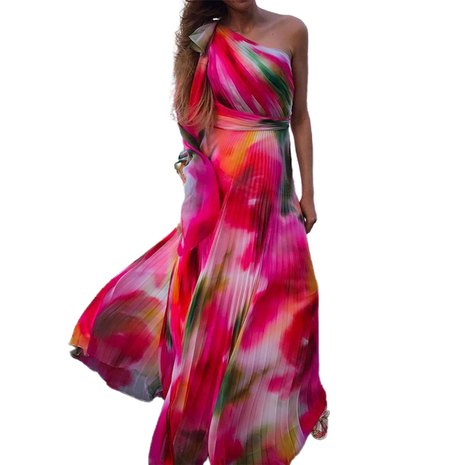 Maxi Dress Zipper Rainbow Printing One Shoulder Pleated Maxi Dress