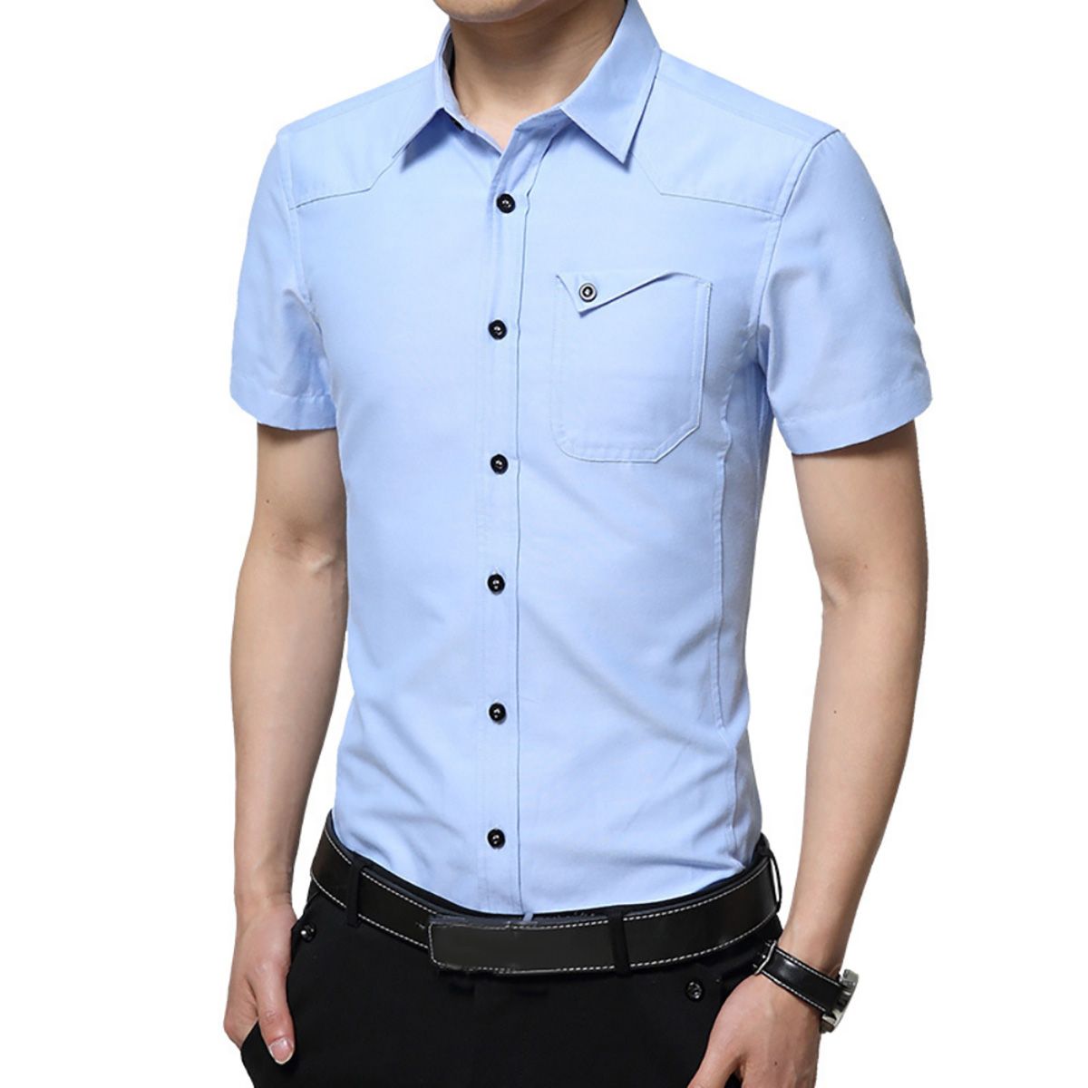 Stylish Men Solid Color Turn Down Collar Short Sleeve Pockets Buttons Slim Shirt