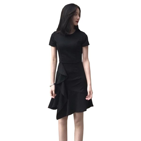 Women's Black Ruffle Hem Dress, Elegant Crewneck Wrap Short Sleeves Fishtail Mini Short Dress