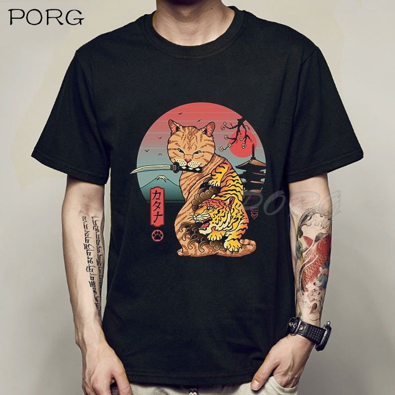 Catana In Edo Nekoffee Kawaii Harajuku Oversize T Shirts Short Sleeve Anime Tshirt Jnese Summer Short Sleeve T-shirts