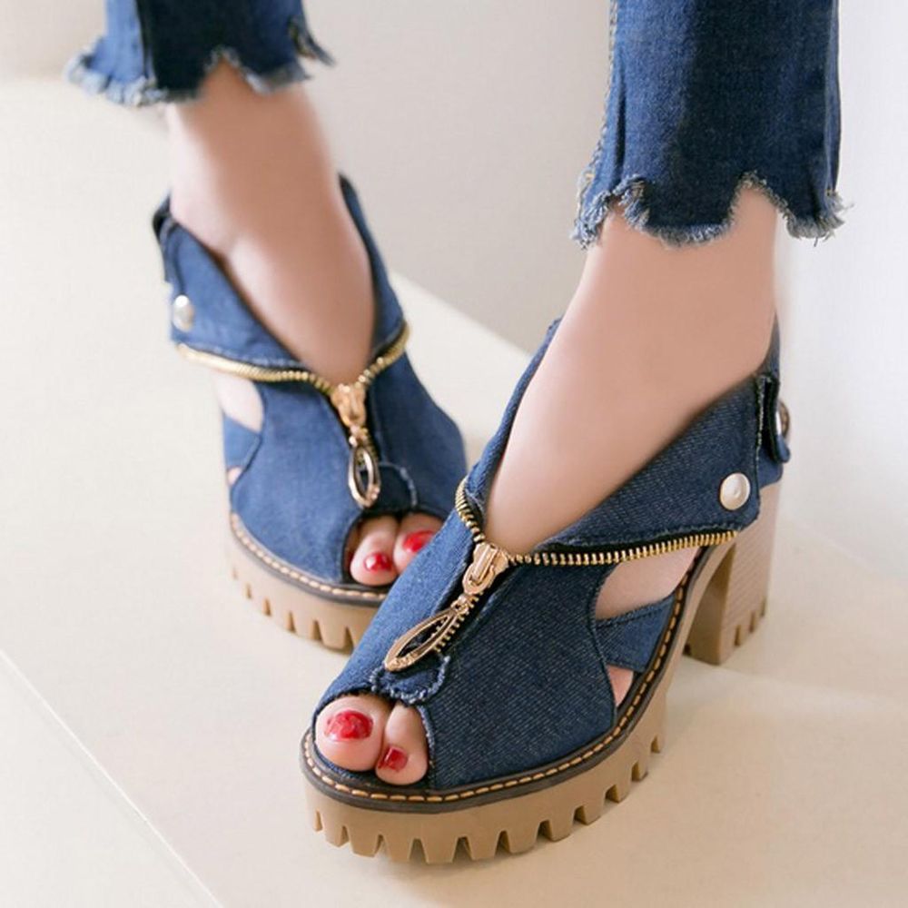 【ALLGOOD】Women Cuffed Denim High Heel Sandals Thick Platform Fish Mouth Casual Shoes