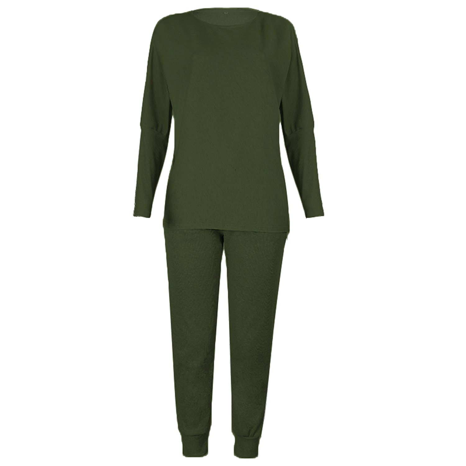 2-Pcs Women's Long Sleeve Sportswear, Solid Color Crew Neck Top, Baggy Long Pant with Pocket Outfit Set