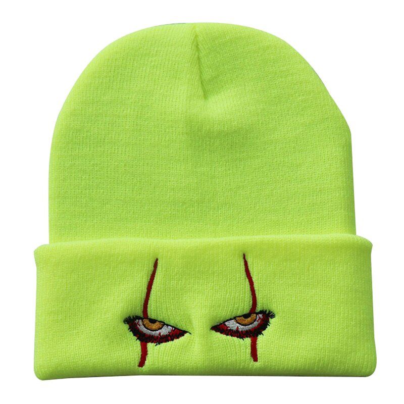 Women Men Winter Knitted Casual Beanie Hat Scary Clown Eyes Embroidery  Hop Cuffed Skull Cap Halloween Cosplay Party