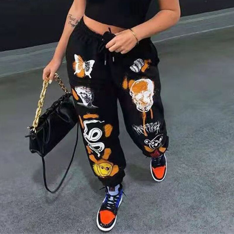 Women's sweatpants cartoon print trousers jogging pants fashion drawstring overalls street casual sweatpants autumn