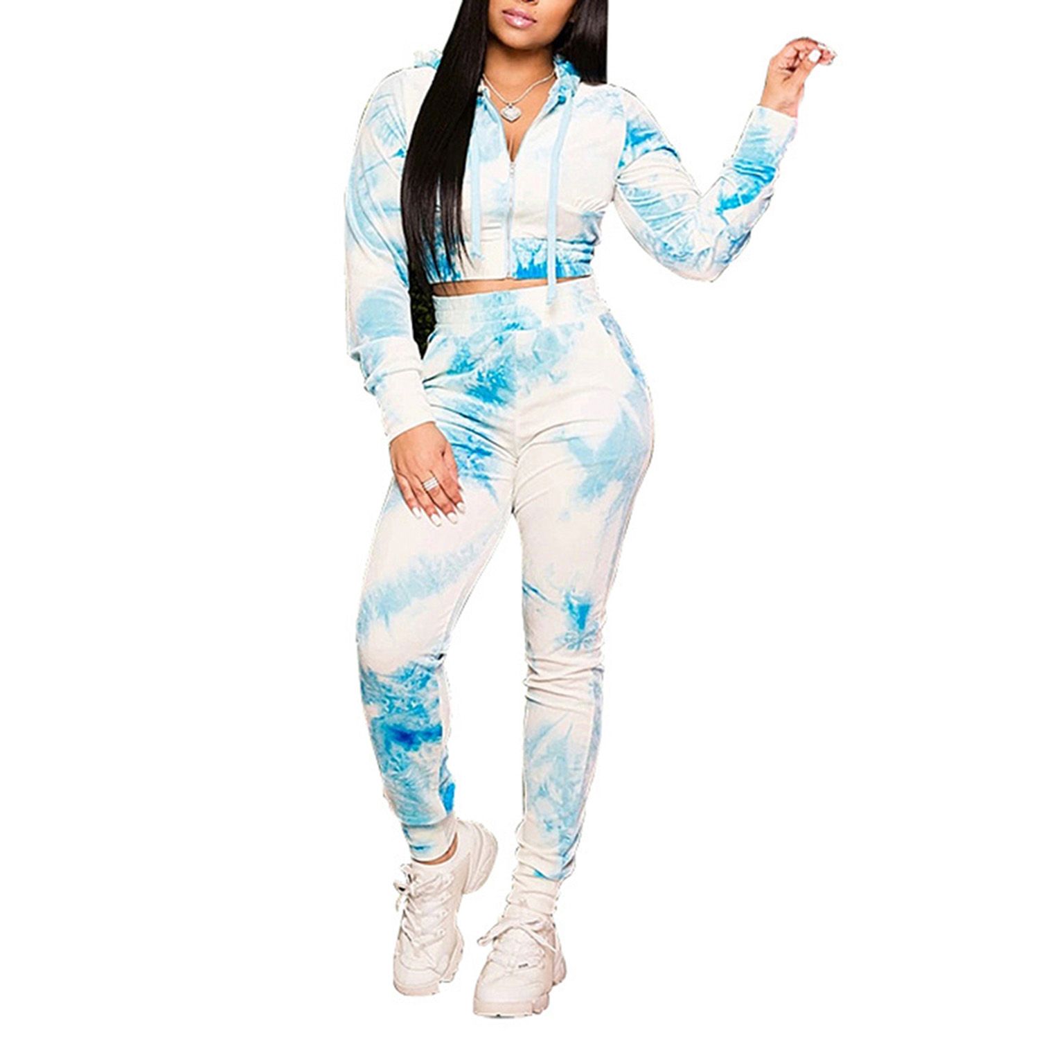 2021 Women Fashion 2-piece Outfit Set Casual Long Sleeve Hooded Print Top and Pants Set