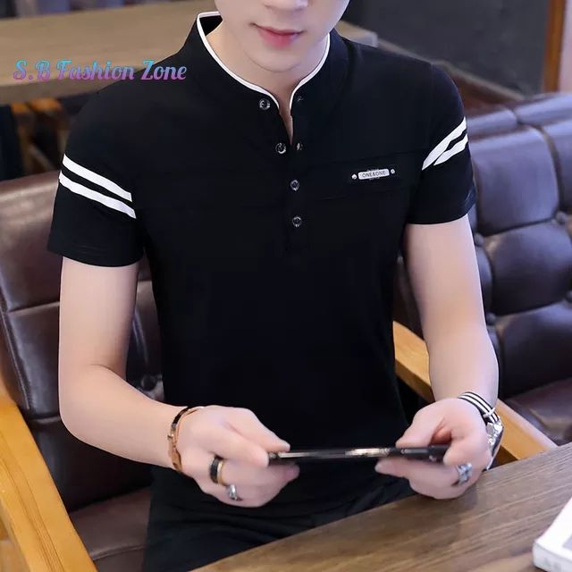 Black Color Stylish Band Coller Short Sleeve Polo Shirt For Men - Polo T Shirt For Men - Polo T Shirt
