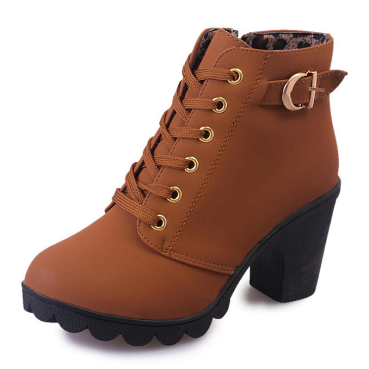 Autumn Winter Women Lady PU Leather High Heel Zipper Boots Shoes Yellow