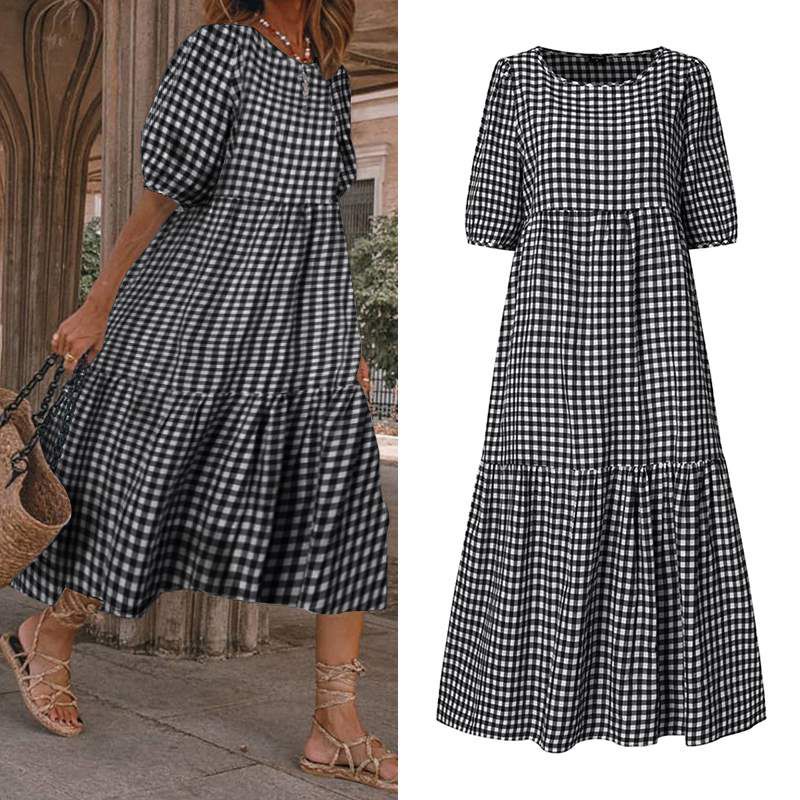 Summer Dress Women Casual Short Sleeve Vintage Plaid Printed Sundress Loose Pleat Mid-Calf Dresses Femme Party Robe