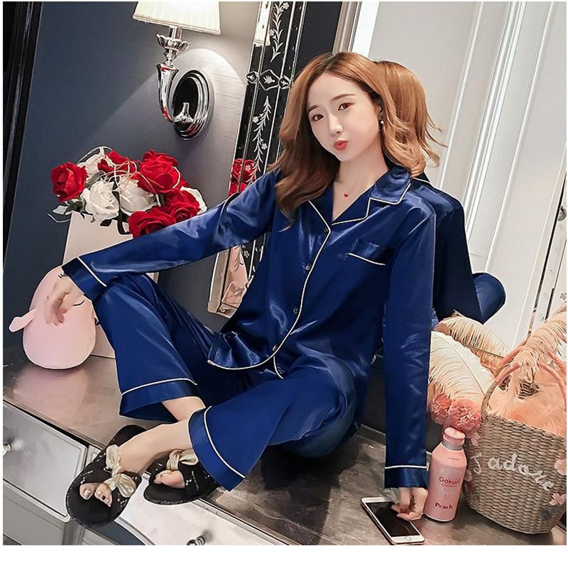 Womens Silk Satin  Pyjamas Set Long Sleeve Sleepwear Pijama  Suit Female Sleep Two Piece Set Loungewear Plus Size Clothing(Ordered 1-2 size up)