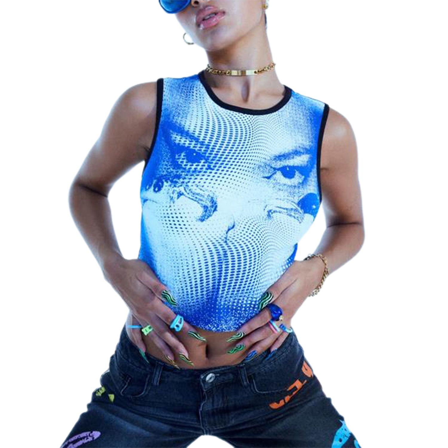 Women’s Summer Personality Printing Vest Causal Round Neck Exposed Navel Sleeveless Tops
