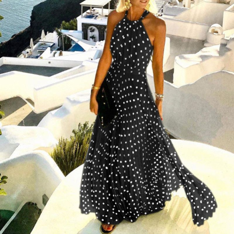 Fashion Halter Print Pleated Long Dress Women Sweet O Neck Beach Maxi Dress Summer Sleeveless Elegant Boho Party Dress XXL