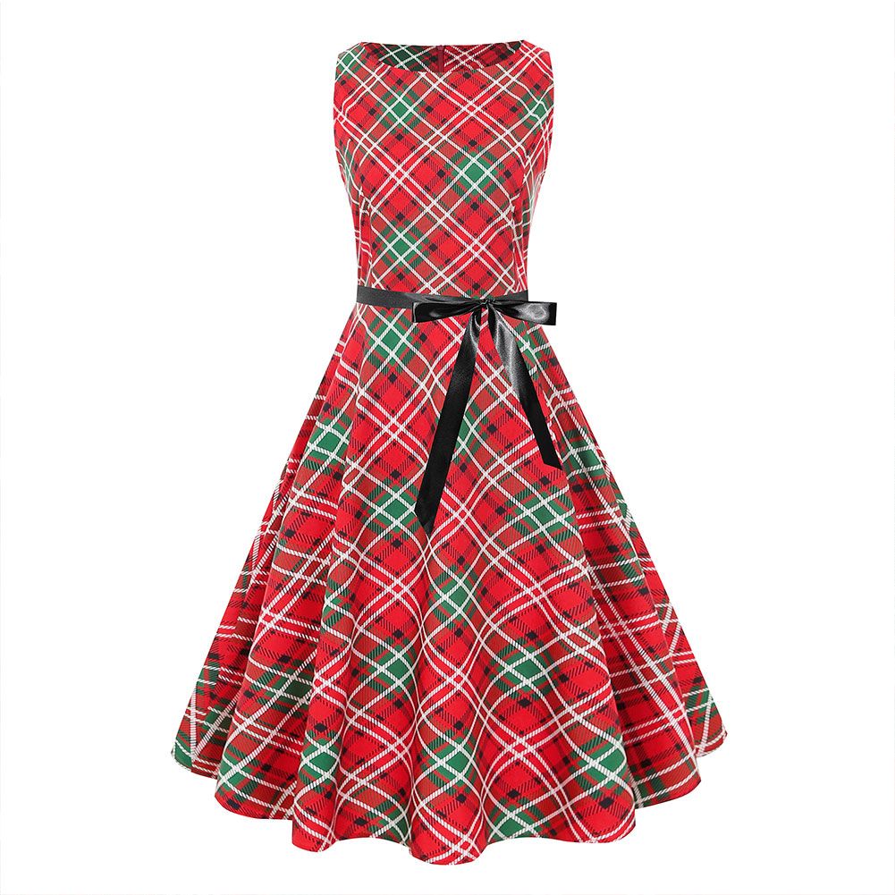 Female Dress, Plaid Floral Print Round Neck Sleeveless One-Piece for Women, S/M/L/XL/XXL