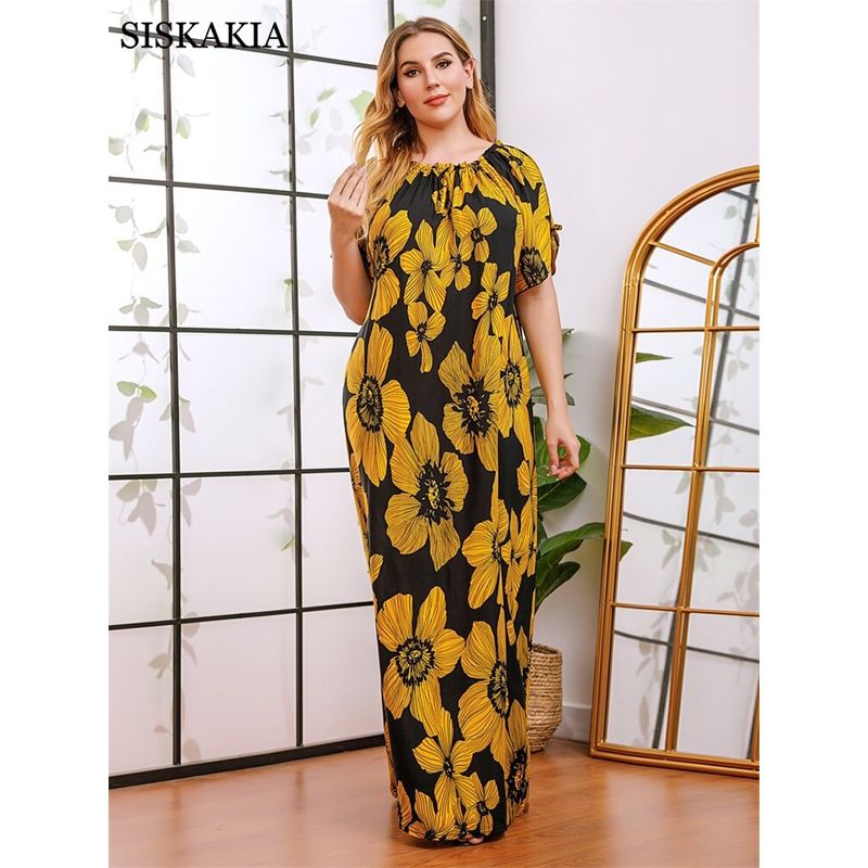 Vintage Fashion Floral Print Maxi Dresses Women Summer 2021 Indie Folk Casual O-neck Short Sleeve Elegant Retro Robe Femme