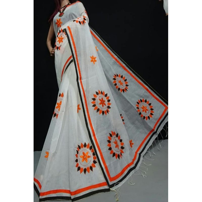 Pohela Boishak  Special  Hand Print White & Red  Combnation Color Half Silk  12 Hand  Saree for Women