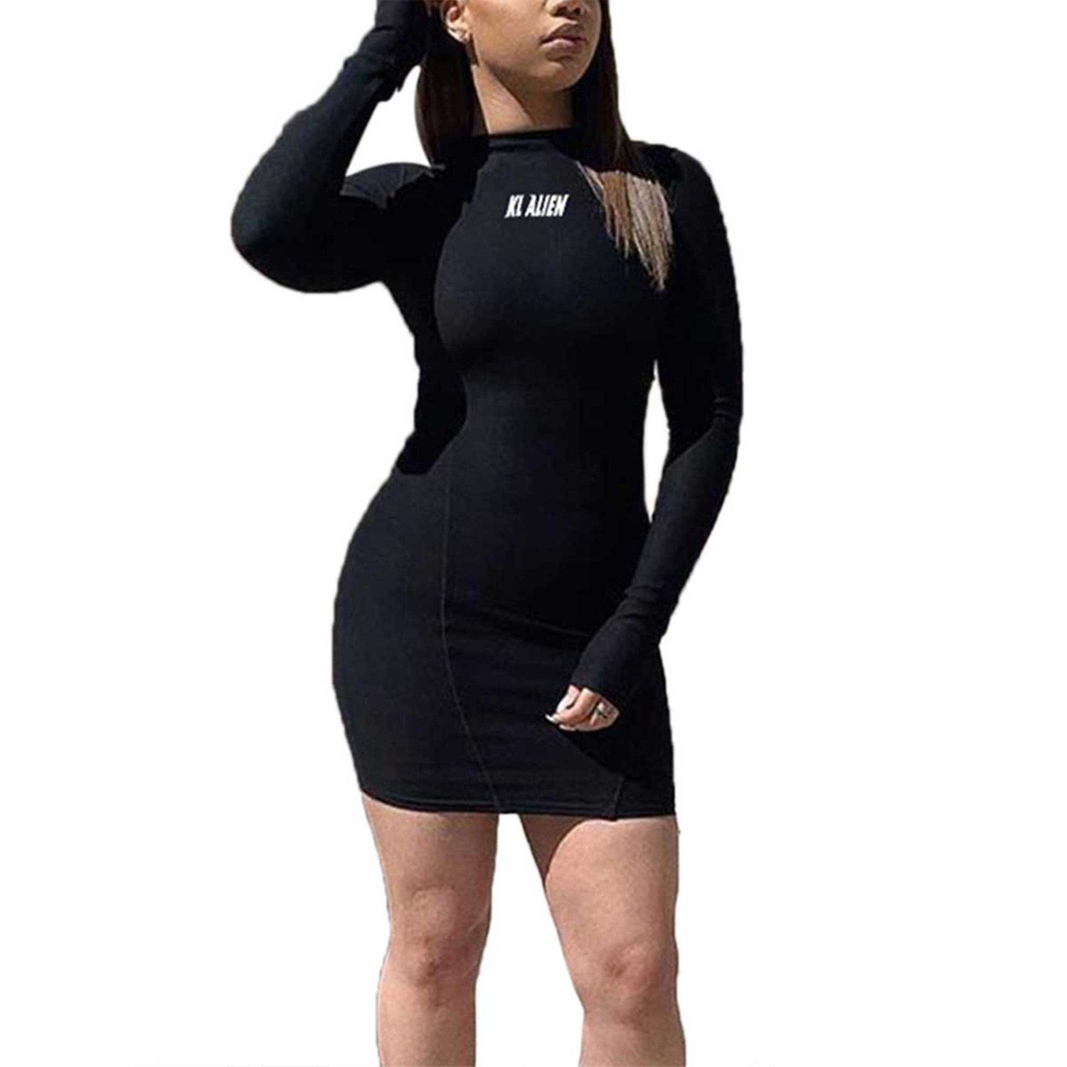 Women’s Summer Long-sleeved Dress Fashion Reflective Letter Round Neck Skinny Short Dress