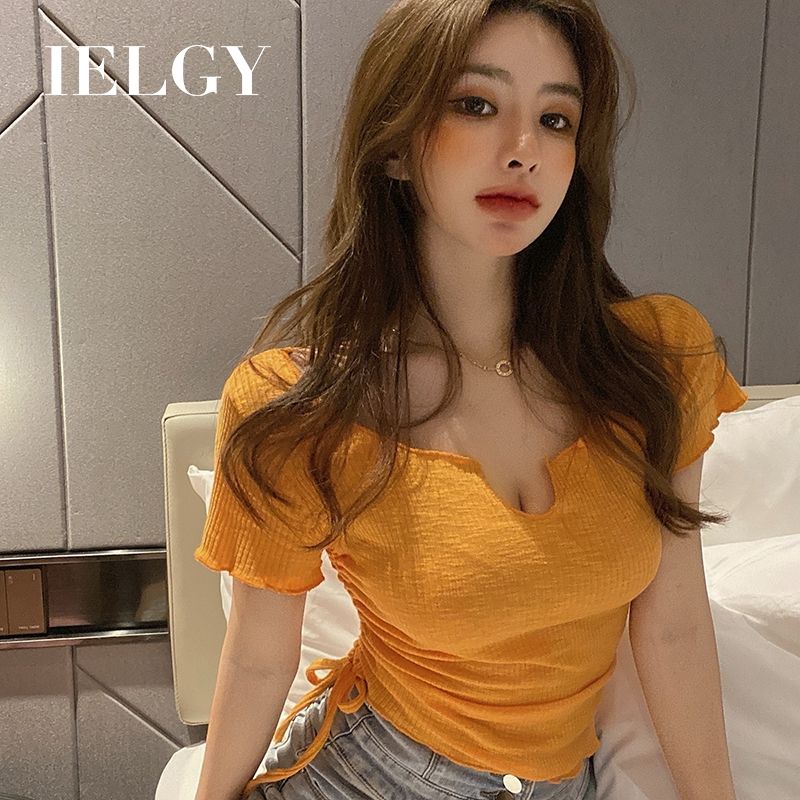 IELGY new drawstring fungus short T-shirt slim slimming short-sleeved V-neck shirt bottoming shirt women's tide