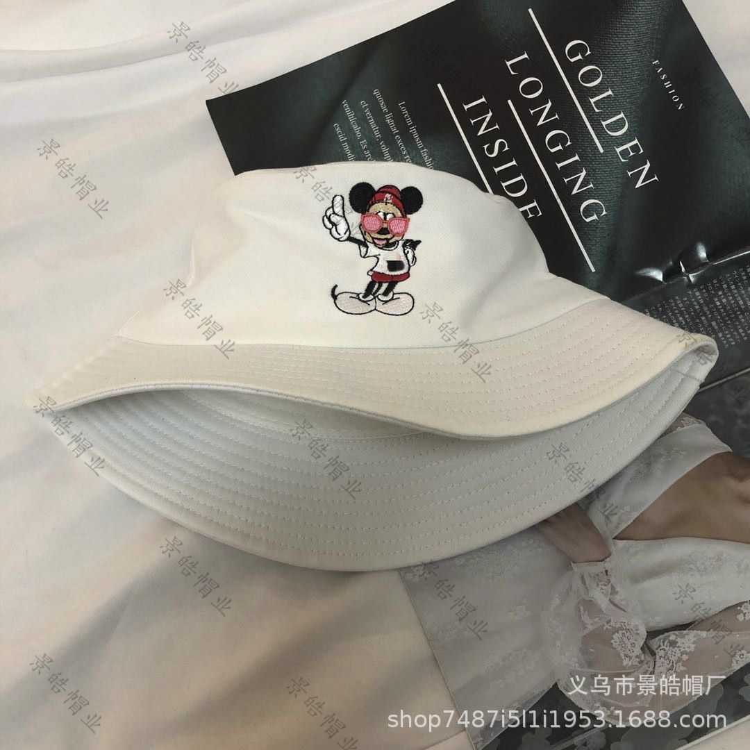 Loldeal Hat Female Summer Korean Style All-Match Letters Bucket Hat Mickey Mouse Embroidery Sun-Proof Basin Hat Student Sun Protection Hat Trendy Men 56-58cm
