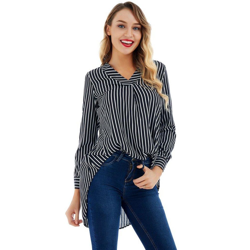 HA Women Causal Long Sleeve V-neck Vertical Striped Stand Collar Button Shirt