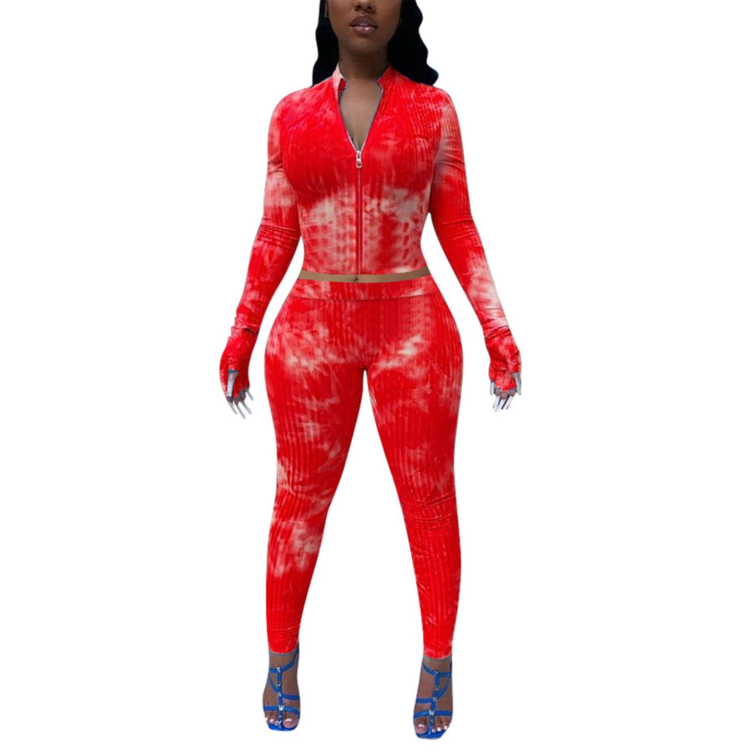 Women’s Two Piece Casual Clothes Fashion Tie-dye Print Long Sleeve Cardigan and Elastic High Waist Trousers