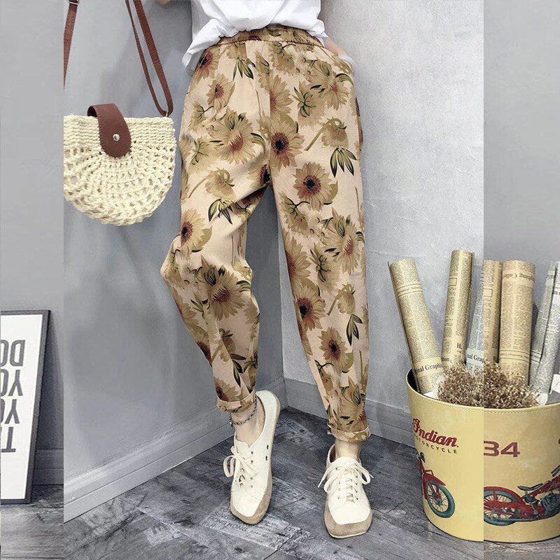 Summer Fashion Printed Cotton Linen Harem Pants For Women Casual High Waist Calf-Length Loose Trousers Female Streetwear