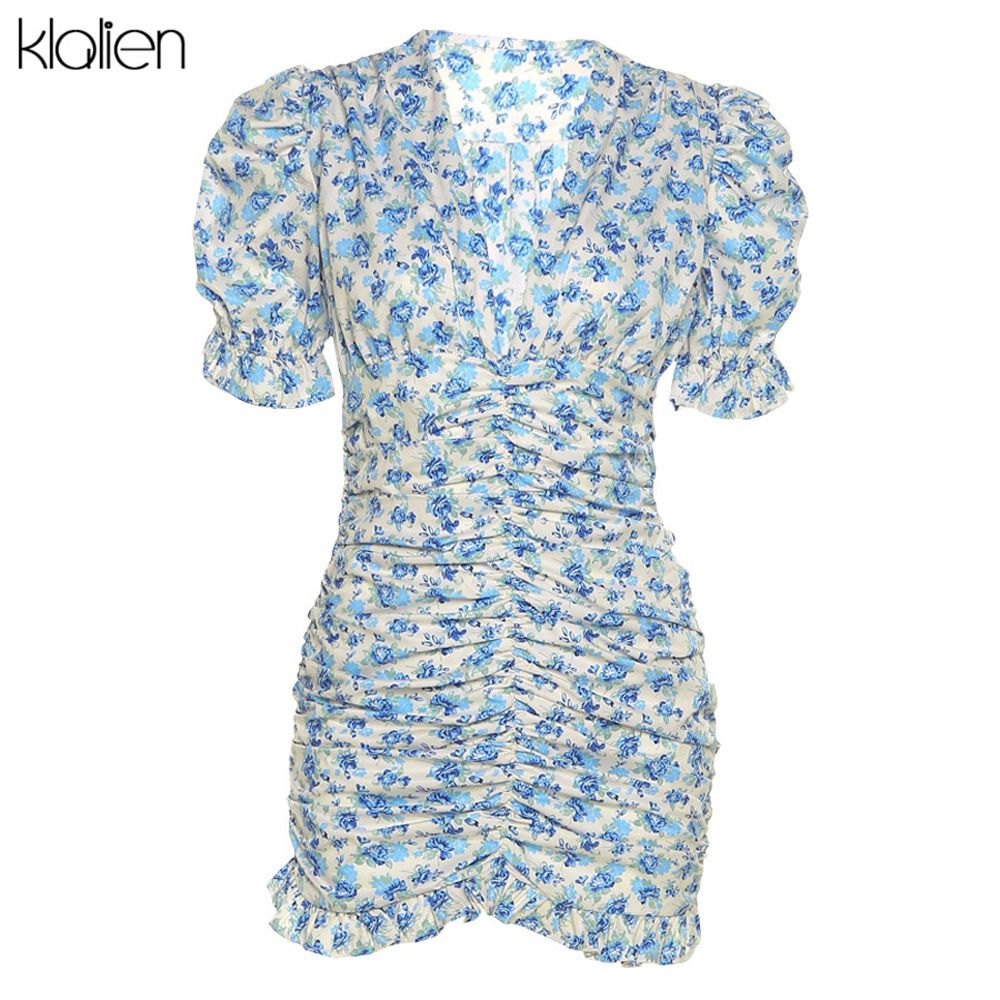KLALIEN Fashion Elegant Print Boho Floral Office Lady Street Puff Sleeve V Neck Slim Women Dress Summer Club Party Beach Dresses