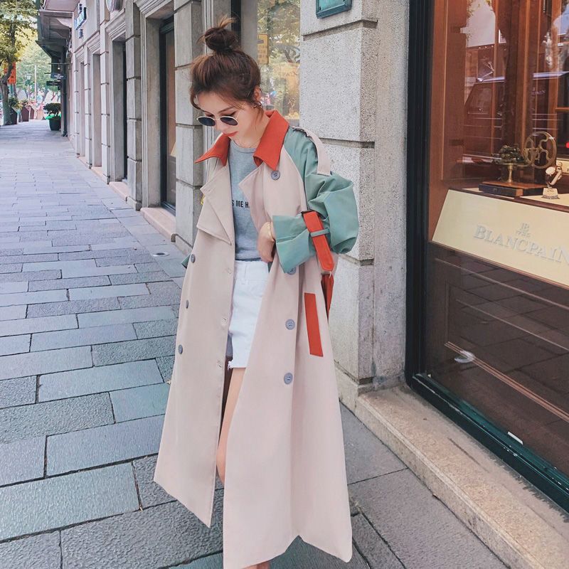 Contrast Stitching Windbreaker Women's Middle Long Spring Autumn Clothing Korean Version Loose Belt Trench Coat For Women