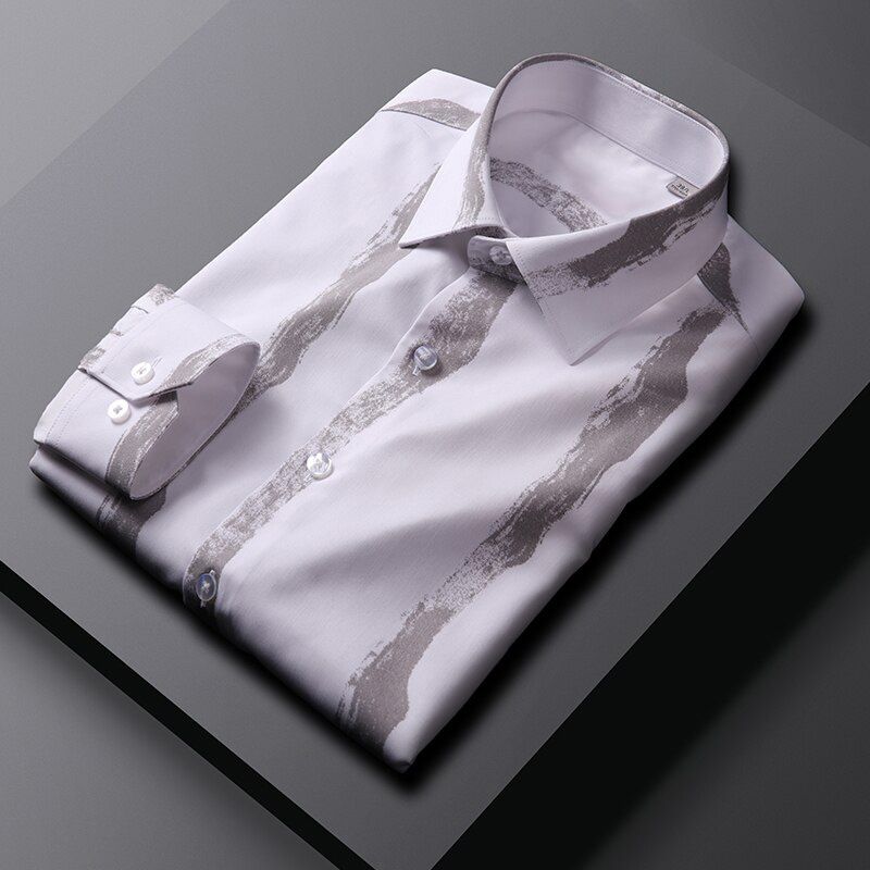 Spring Autumn Men's Business Print White Long-sleeved Shirt Classic Office Male Work Social Slim Top Branded Casual Floral Shirt