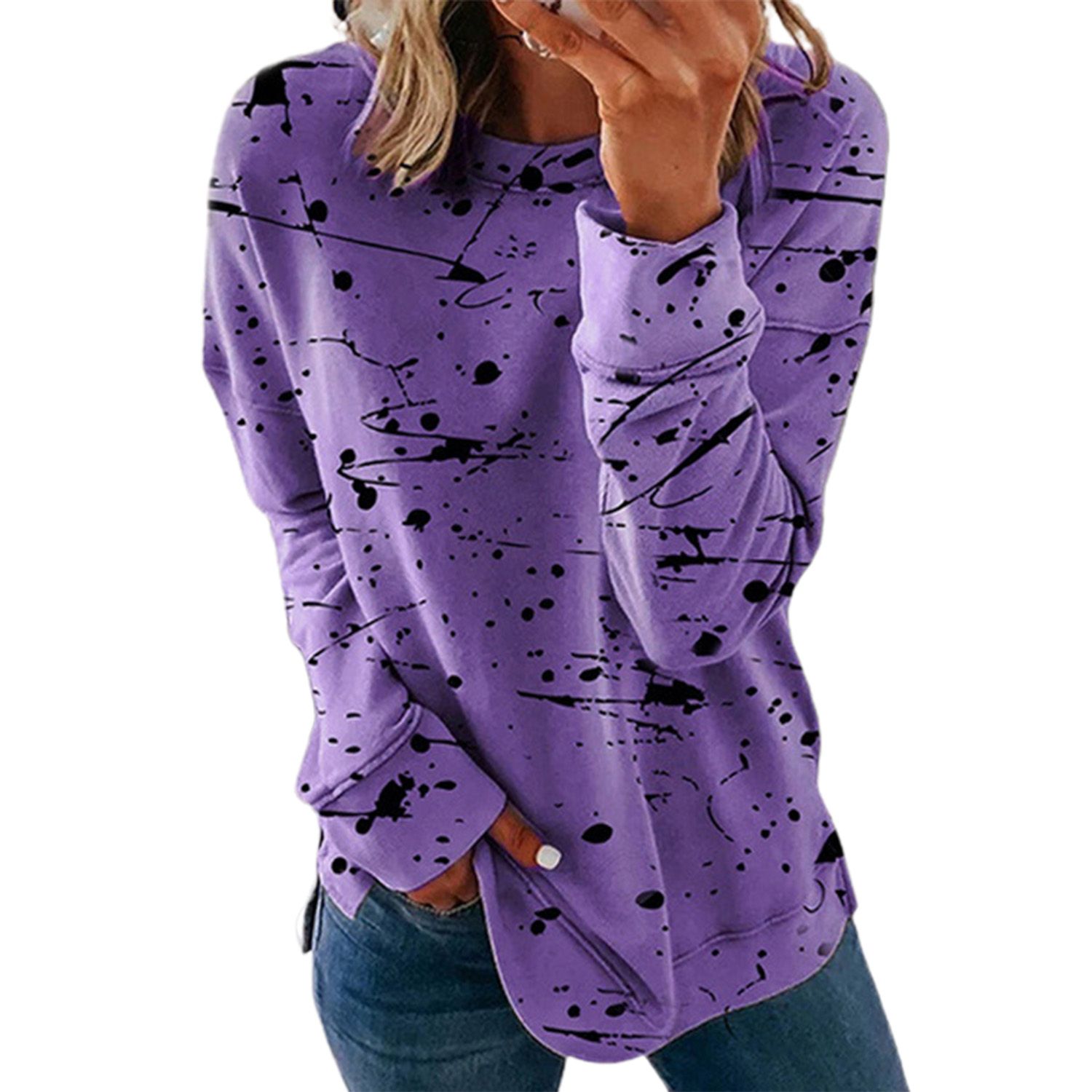 Casual Blouse Round Neck Simple Graffiti Print Basic Blouse