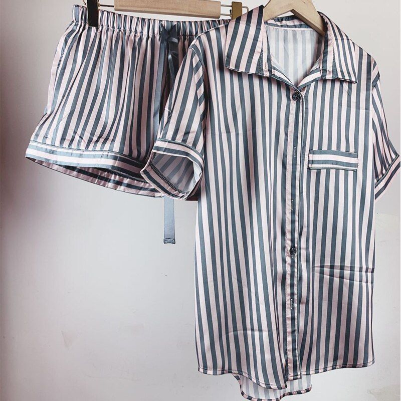 Summer Pajamas for Women Satin Silk Striped Sleepwear 2 Pieces Set Sleep Tops Pants Pjs Ladies Night Wear Loungewear Home Suit