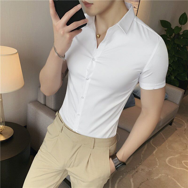 High Quality Business Formal Wear Ice Silk Men Dress Shirts Short Sleeve Simple Solid Slim Fit Casual Stretched Blouse Homme 3XL