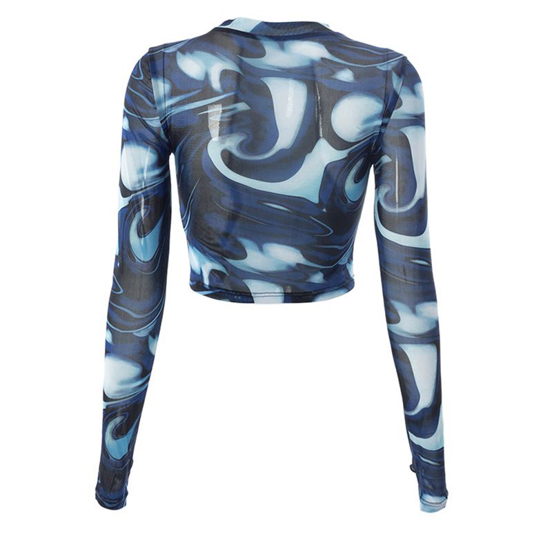 Ladies Casual Round Collar T-shirt, Autumn Creative Spiral Printing Perspective Long Sleeve Midriff-baring Tops Slim Base Shirt