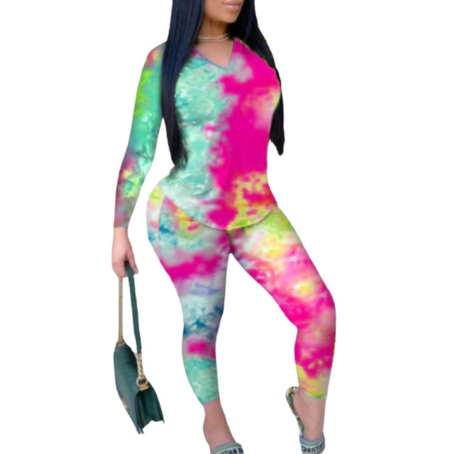 Women's Tracksuit Set, Fashionable Printed V-neck Top and Pants Two-piece Suit for Holiday Travelling Sports