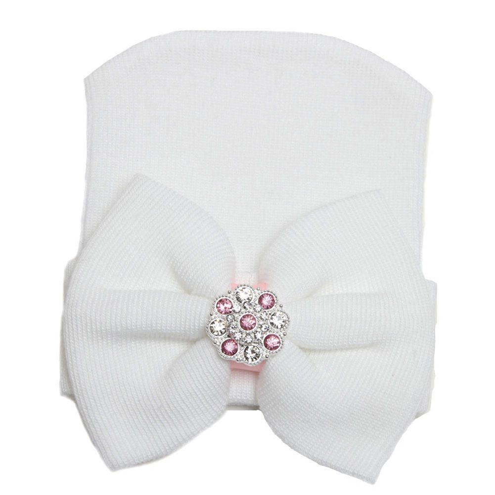 Newborn Infant Girls Baby Stripe Rhinestone Bowknot Beanie Hat Cap Headband