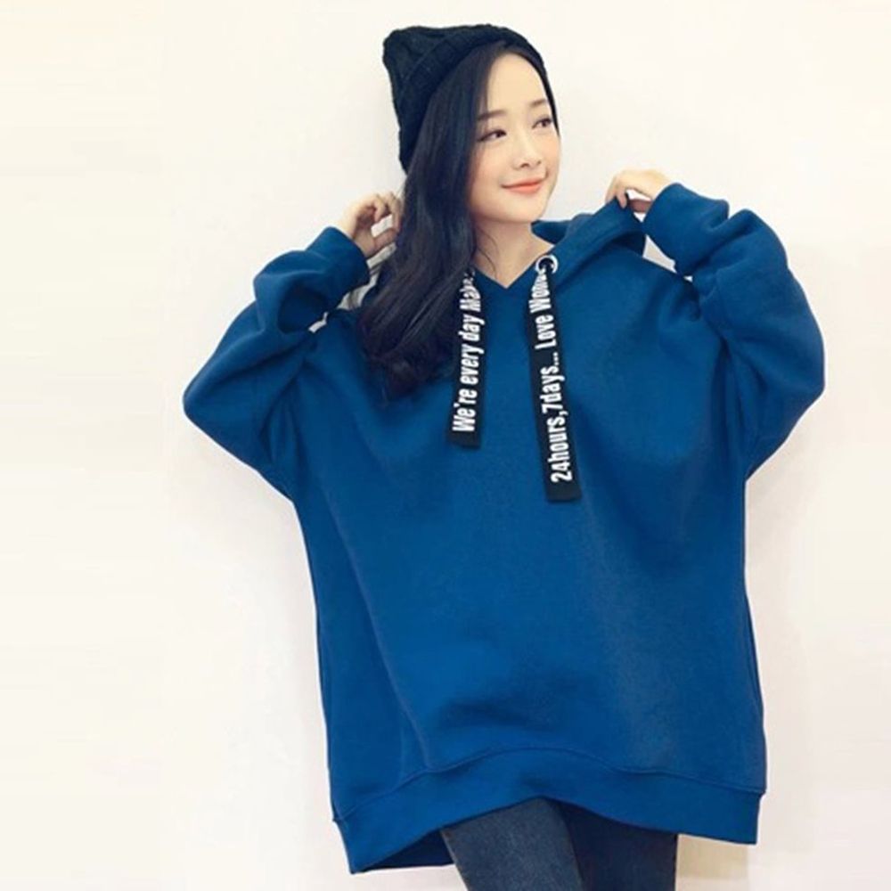 Women Long Section Thickening Hooded Sweatshirt with Letter Print Drawstring