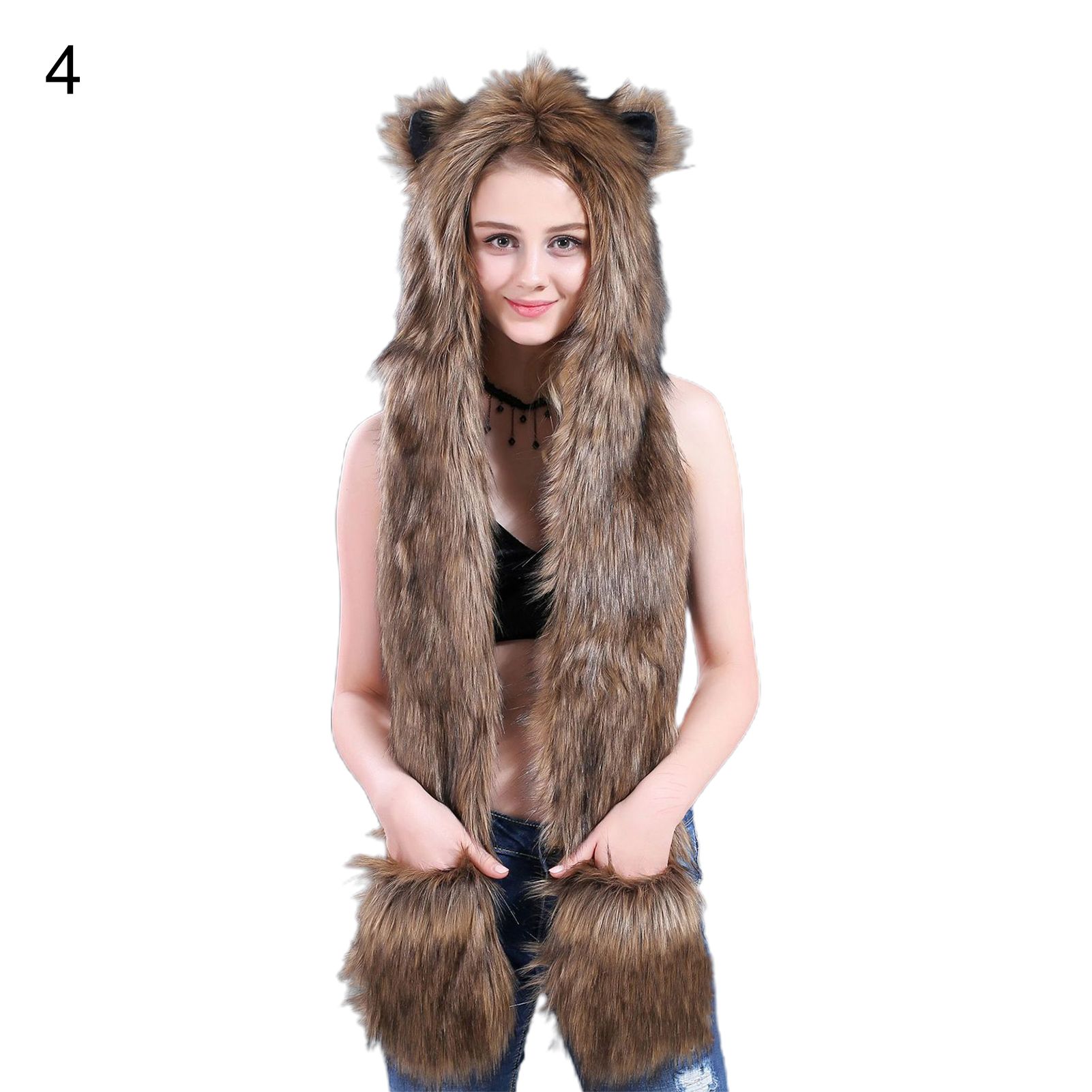 Fur Hood Scarf Ornamental Full Pockets Ear Flat Cap Scarf