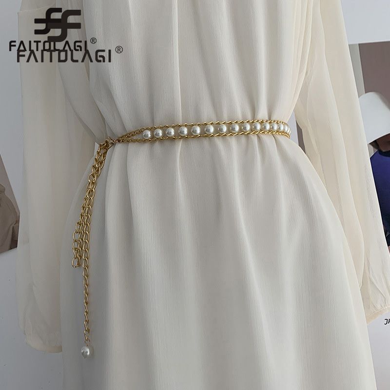 Pearls Waist Chain Beaded Women Belt Metal Gold Color Belt Simple Elegant Korean Style Waist Chain Dress Sweater Decoration