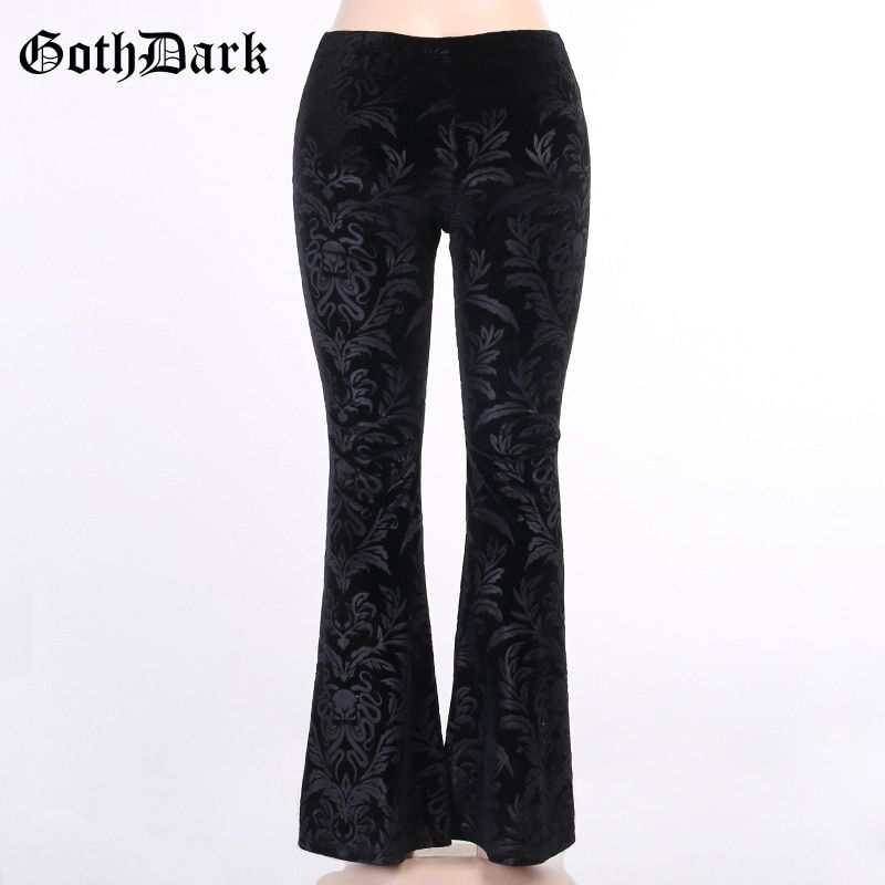 Goth Dark Vintage Floral Scratched Gothic Pants Velvet High Waist Skinny Flare Trousers For Women Autumn Winter Streetwear