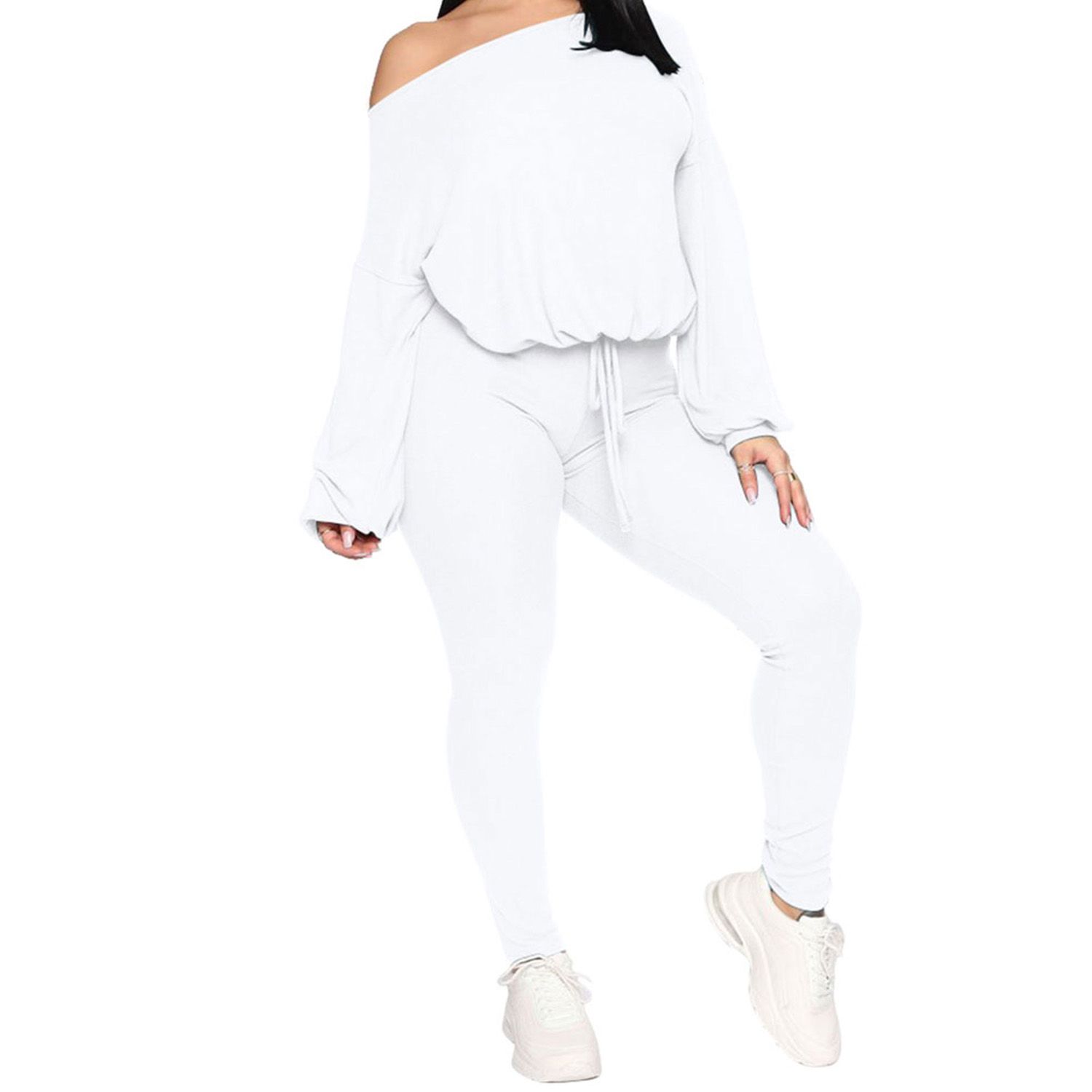 2021 Women's Long Sleeve Trouser Suit, Solid Color Tight Sports Set, Round Collar Lace-up Outfits