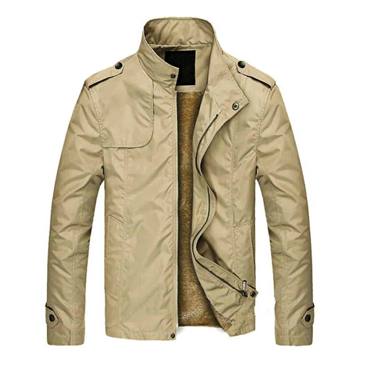 Male Jacket Solid Color Zipper Closure Stand Collar Men Coat