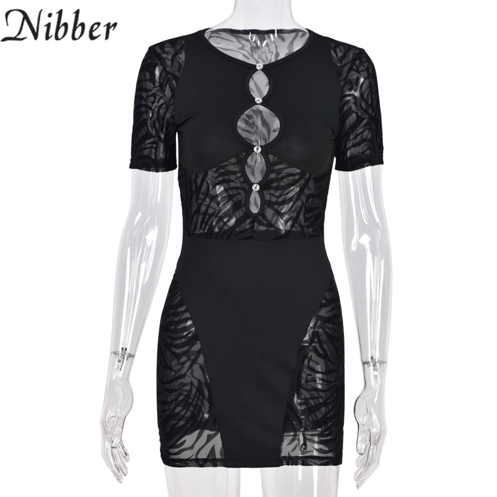 Nibber Sexy stitching See Through Mini Dress For Women Summer Shape Hollow Out Hot ClubwFemale Nightclub Bodycon Dress