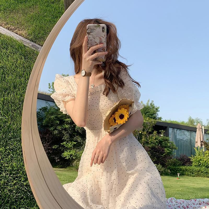 Summer Floral Design Sweet Dress Short Sleeve Chiffon Elegant Dress Korean Style Square Collar Party Dress for Female Dot