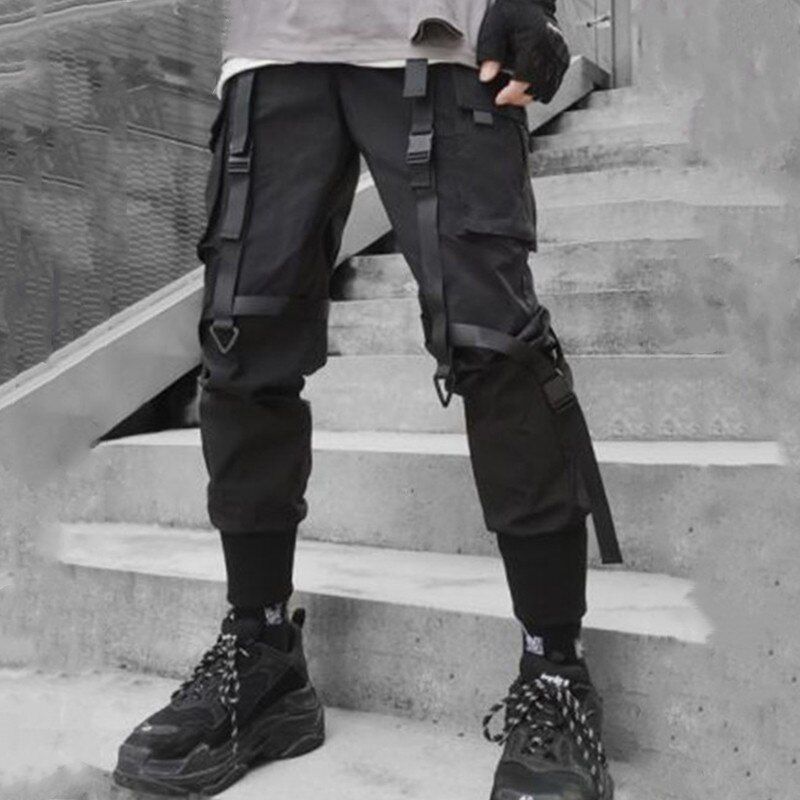 Men Ribbons Color Block Blackcket Cargo Pants Harem Joggers Harajuku Sweatpant Hop Trousers