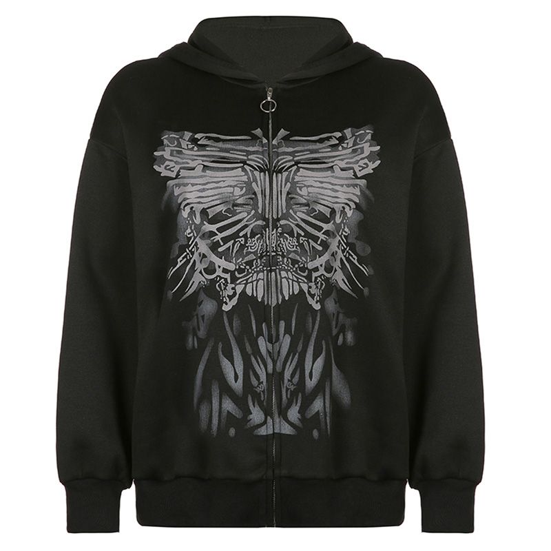 Women’s Casual Long Sleeve Loose Cardigan Vintage Butterfly Printing Zipper Hooded Sweatshirt