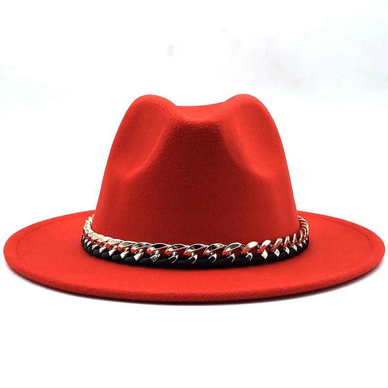 Women Men Wool Fedora Hat With chain Ribbon Gentleman Elegant Lady Winter Autumn Wide Brim Jazz Church Panama Sombrero Cap