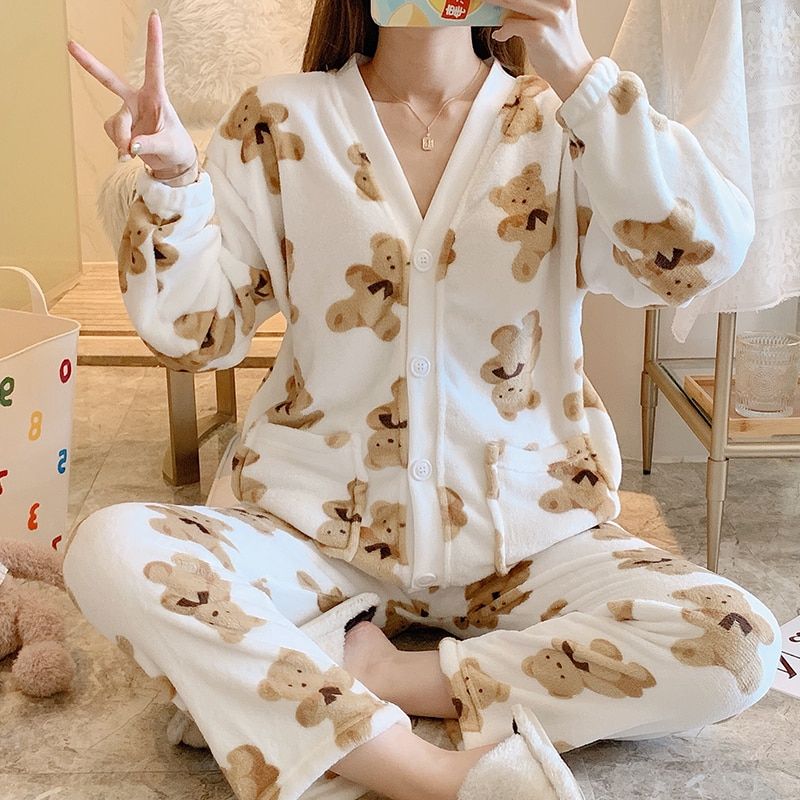Winter Pajamas Set Women Sleepwear Warm Flannel Long Sleeves Pajamas Cartoon Cute Cartoon Bear Homewear Home Suit Cardigan