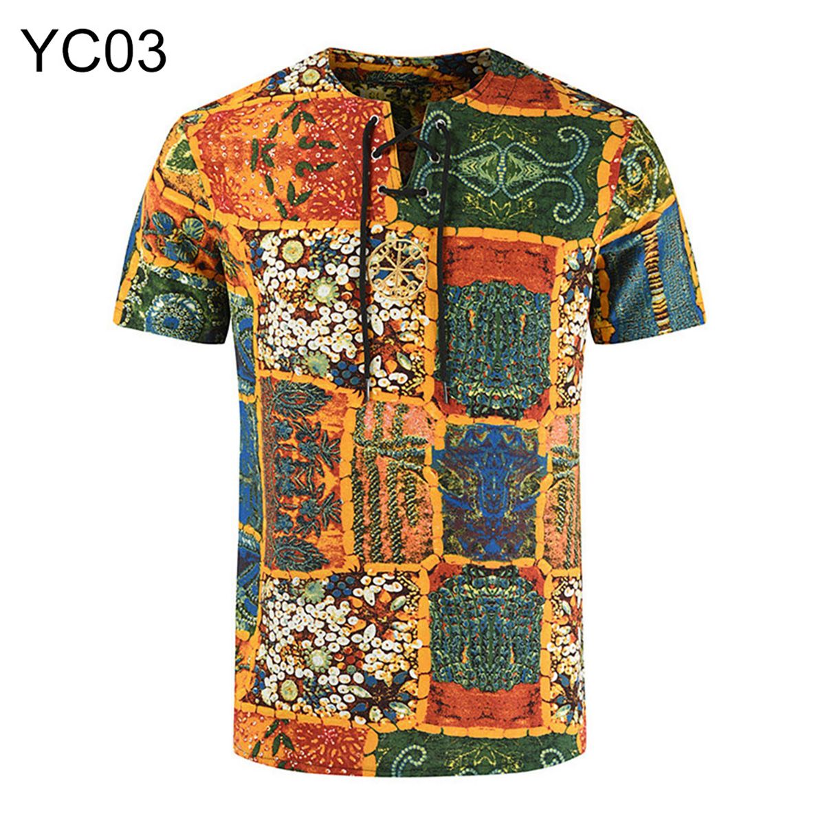 Men Fashion Summer V Neck Short Sleeve Scrawling Print Bandage Shirt T-shirt Top