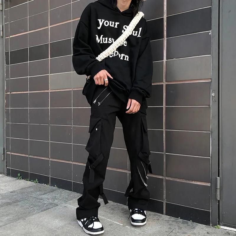 Hop Cargo Pants Men Fashion PuPants Zipper pie Black Cargo Trousers Streetwear Harajuku Gothic Mall Goth Pants