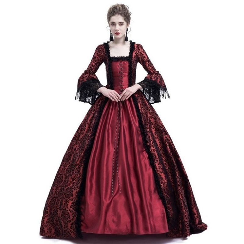 2021 Female Court Dress, Square Neck Flare Sleeve Dress One-Piece for Women, Rose Red/Purple/Navy Blue/Bl