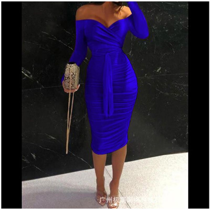 2021 Femme traf Elegant Skinny Party Robe Lady Formal Evening Clothing  Plain Lace Up Off Shoulder Midi Bodycon Dress